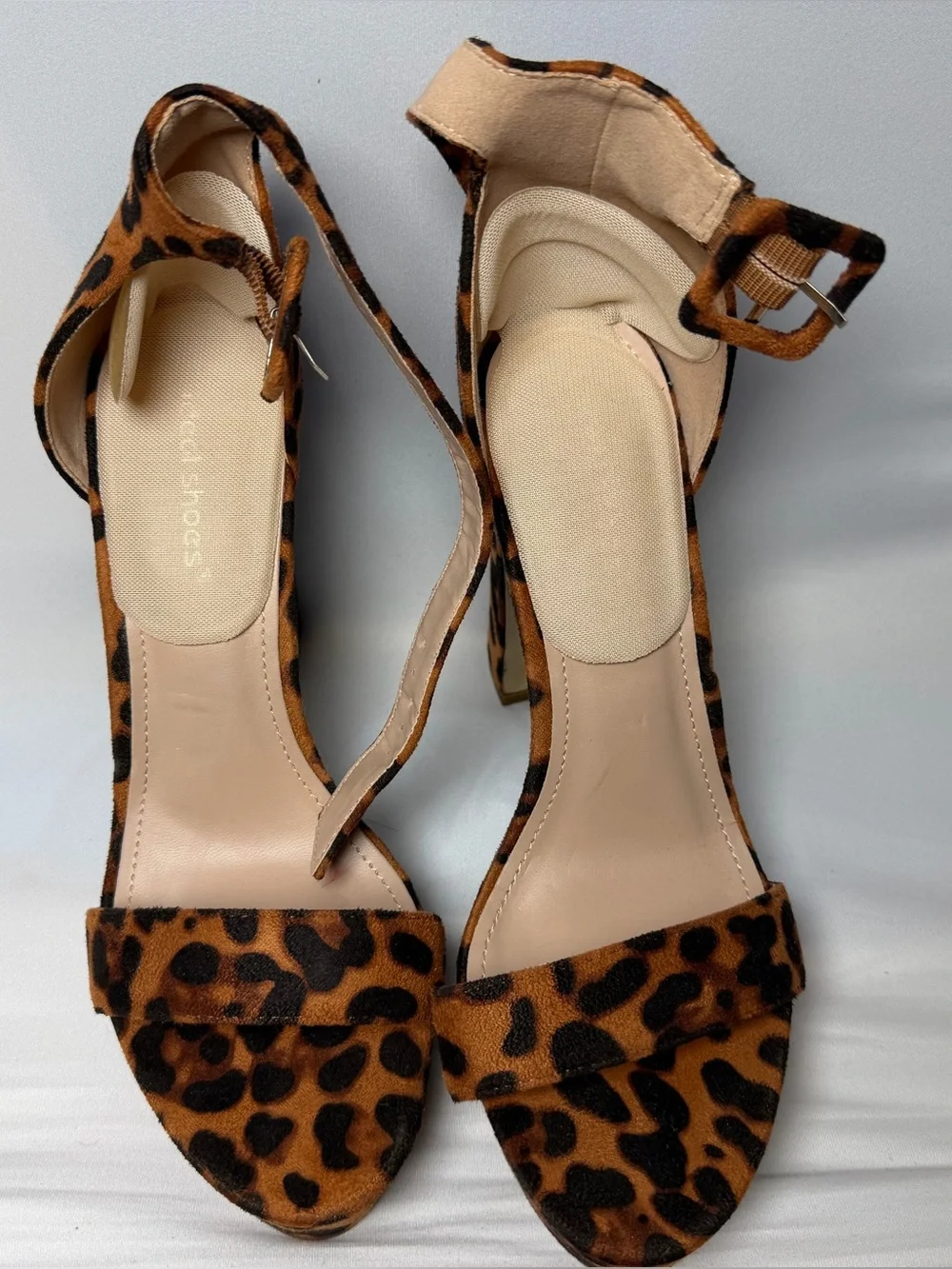 Leopard Print Ankle Strap Heels in Tan and Black